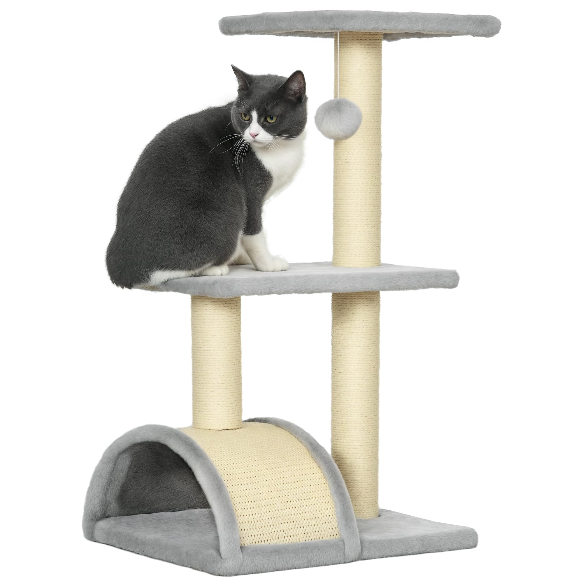 Pawhut Light/Grey 72Cm Cat Tree Climbing Tower With Sisal Scratching Post
