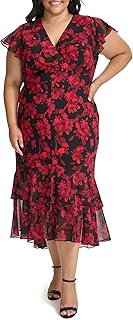 Women's Flutter Sleeve V-Neck Ruffle Trim Chiffon Hi Lo Dress