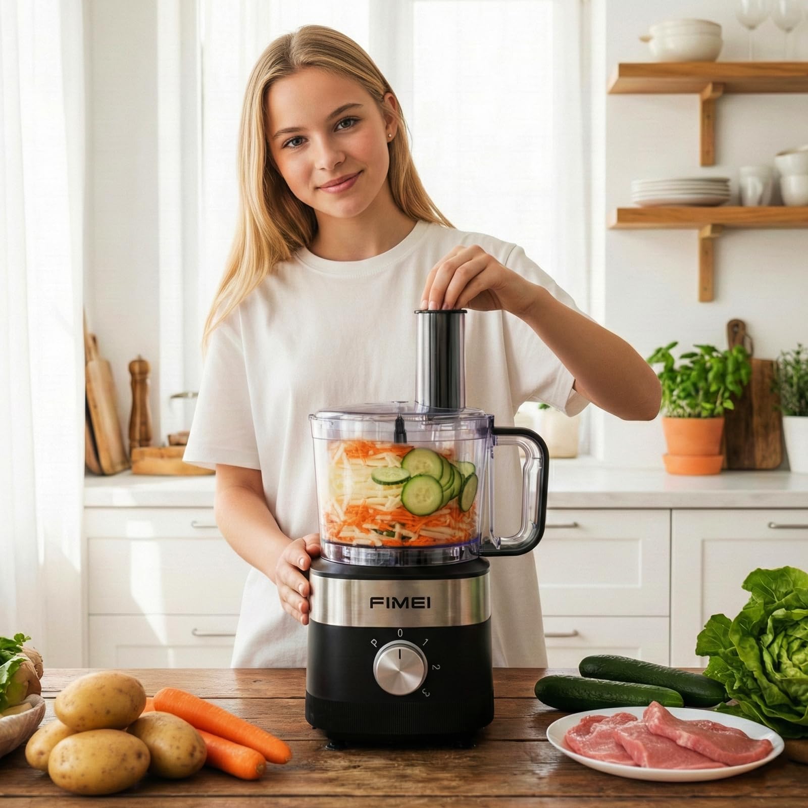 FIMEI Küchenmaschine 800W, 3 Geschwindigkeiten & Pulsfunktion, 1,5L Zerkleinerer, Teigkneter, Raspel, Wendeschneider, Emulgierscheibe, Doppelverriegelung, Kompakt & Platzsparend
