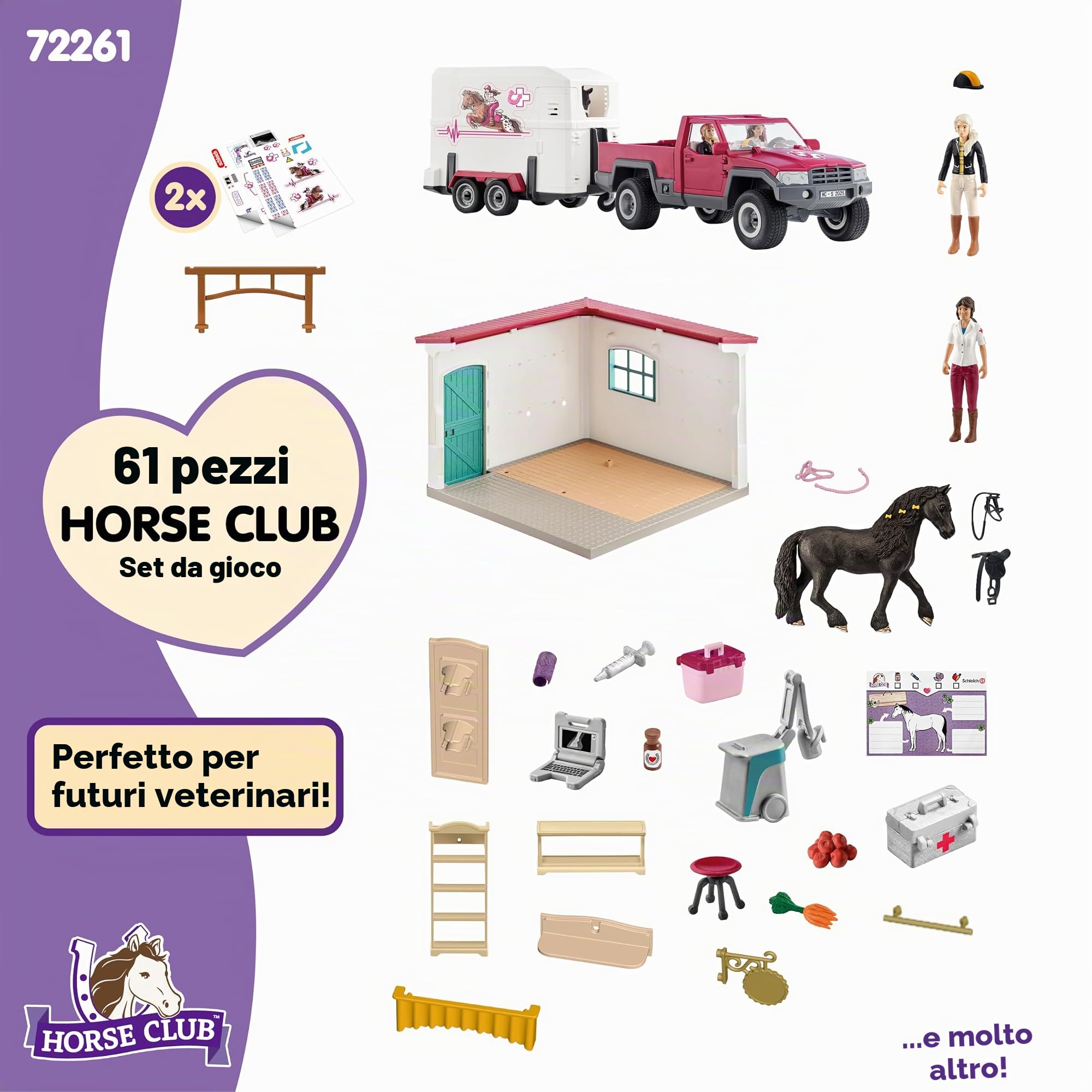 Schleich Horse Club | Visita dal Veterinario 72261 | dai 5 Anni | 61 Pezzi | Set con casa, pick-up, rimorchio, 2 figure snodabili, cavallo e accessori | Regalo per bambini dai 5 anni | Set da 61 pezzi