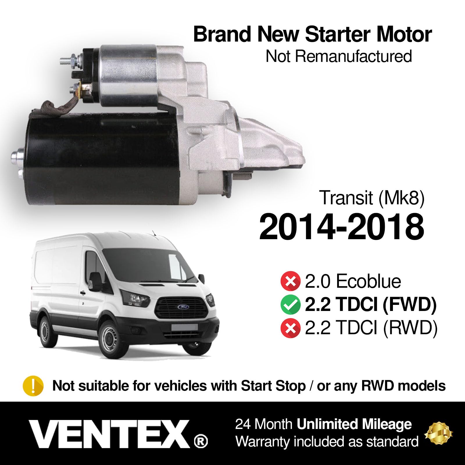 Démarreur 2.0 KW 12V Pour Ford Transit, Ducato, Jumper, Boxer - Neuf Avec Références OEM