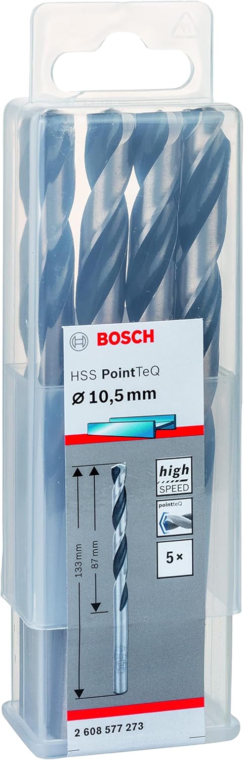 Bosch Accessories 2608577273 HSS PointTeQ (10,5 x 87 x 133 mm) - Set da 5 Pezzi di Trapani per Metallo, Acciaio, Fusione o Plastica, Grigio (Argento), Ø 10.5 mm 5 pz. Ø 10,5 mm - Immagine 1