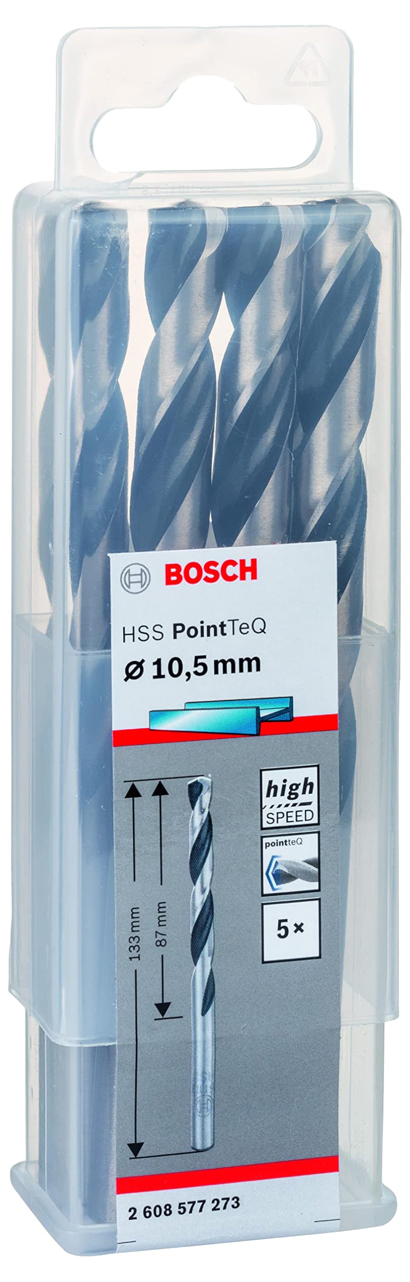 Bosch Accessories 2608577273 HSS PointTeQ (10,5 x 87 x 133 mm) - Set da 5 Pezzi di Trapani per Metallo, Acciaio, Fusione o Plastica, Grigio (Argento), Ø 10.5 mm 5 pz. Ø 10,5 mm