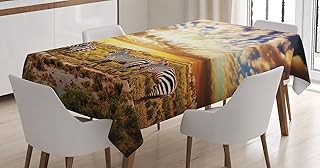 Ambesonne Savannah Tablecloth, Dreamy Photo of Savannahs at Sunset with Zebras on The Grassland Dramatic Sky Wild, Rectangular Table Cover for Dining Room Kitchen Decor, 60" X 84", Multicolor