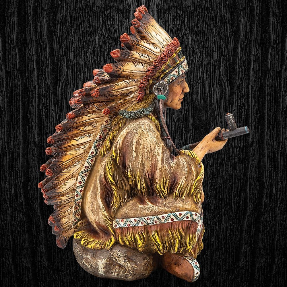 Native American Figurines - Chief with Peace Pipe | American Indian Decor Sculpture | Rustic Decorations for Home | Polyresin Crafted & Hand-Painted Statue | 7 3/4" x 3 3/4" x 5 1/4"