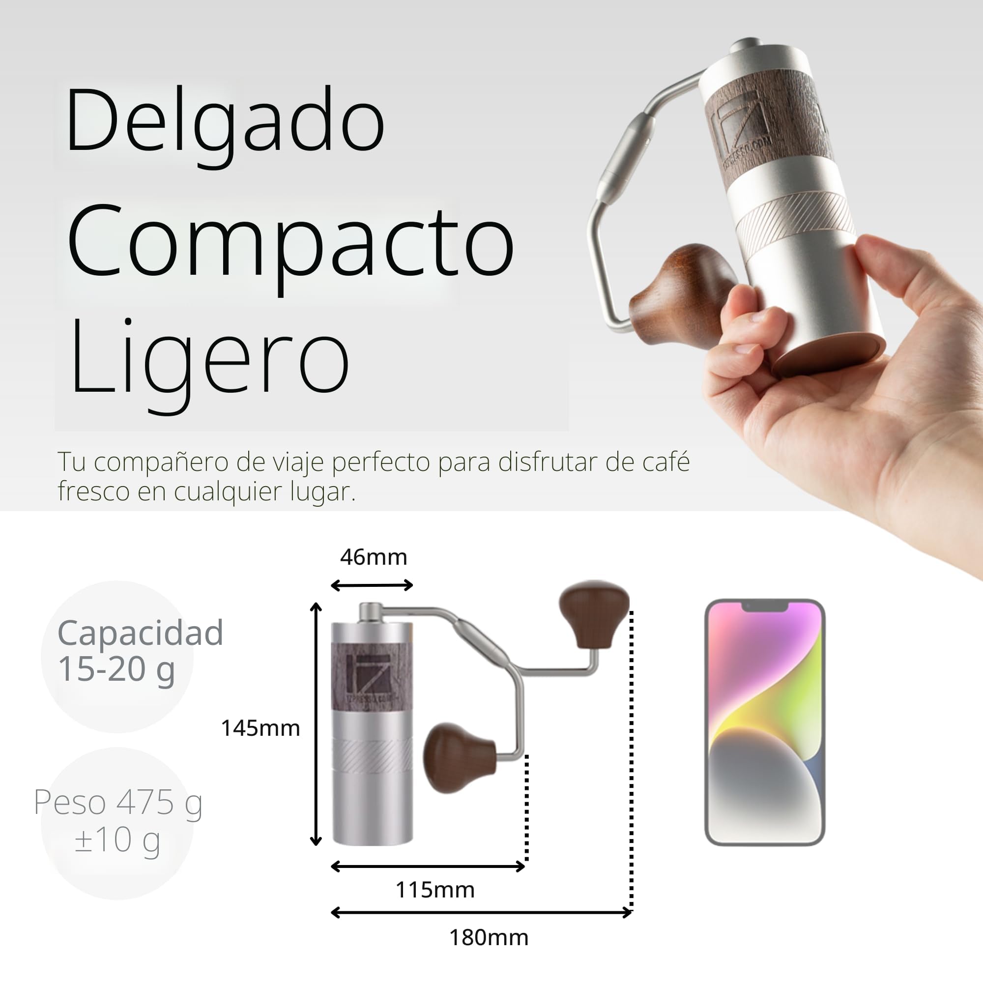 1Zpresso Q Molinillo de Café Manual Versión Heptagonal Mini, Tamaño de viaje, Encaja en, Fresa Cónica de Acero Inoxidable,Configuración de ajuste numérico interno.