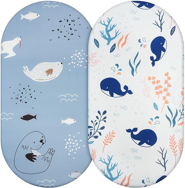 Aolso Crib Fitted Sheets, 2pcs Crib Baby Sheet Set 84x41cm, Cot Bed Sheets Baby Bassinet Sheets for Boy and Girl, Fitted Crib Sheets for Bedside Cribs, Breathable, Lightweight (Whale/Seal)