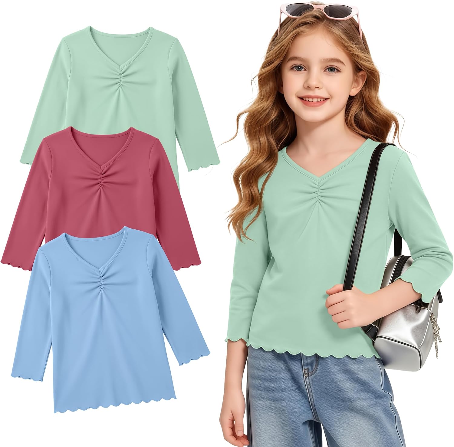 3 Pack Girl's 3/4 Sleeve T Shirts Kids V Neck Tops Casual Chest Ruched Tees Ragular Fit Summer Shirts 5-14 Years