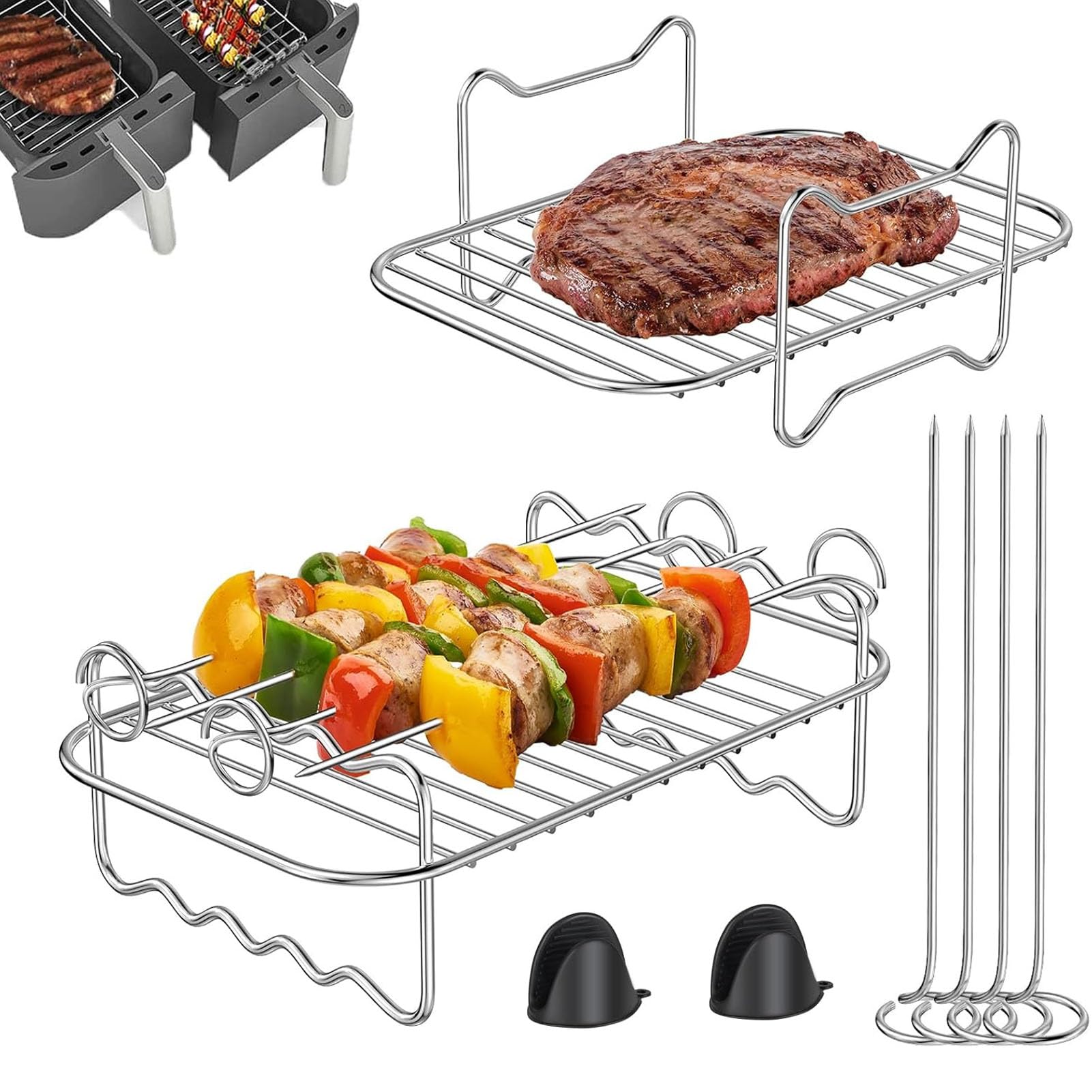 Air Fryer Accessory, 2 Pieces Air Fryer Cooking Grill, Air Fryer Stainless Steel Non-Stick Grill for Ninja Foodi AF400EU, AF300EU, AF500EU (2Pcs)