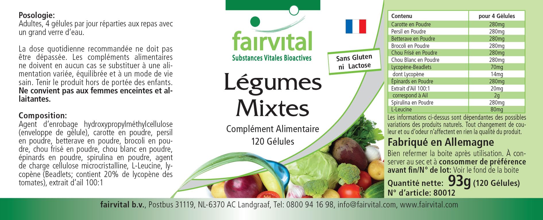 Fairvital | Verdure Pur - 1 mese - VEGAN - alto dosaggio - 120 capsule - 10 varietà di verdure