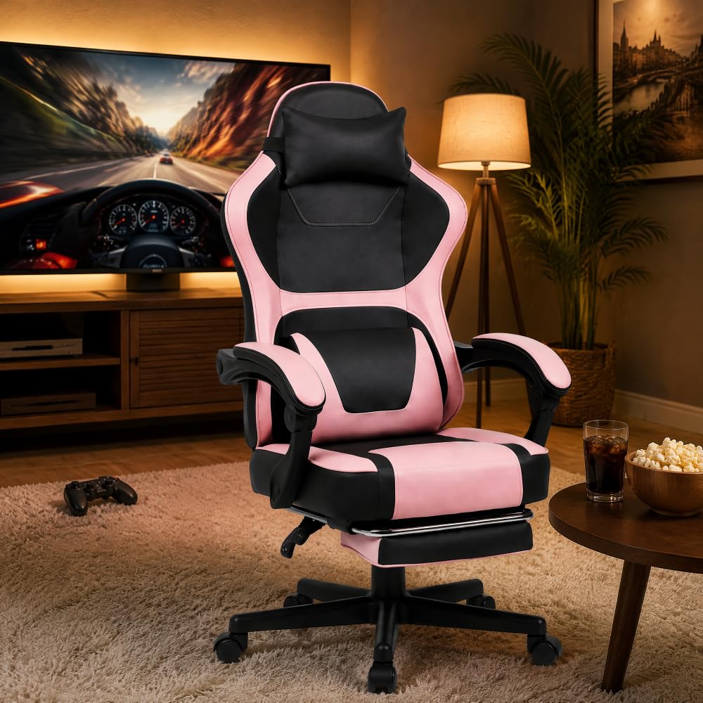 I0I&I0I Ergonomischer Gaming Stuhl Mit Fußstütze Und Lendenkissen Für Home Office Komfortable Rückenstütze (Baby Pink + PVC)