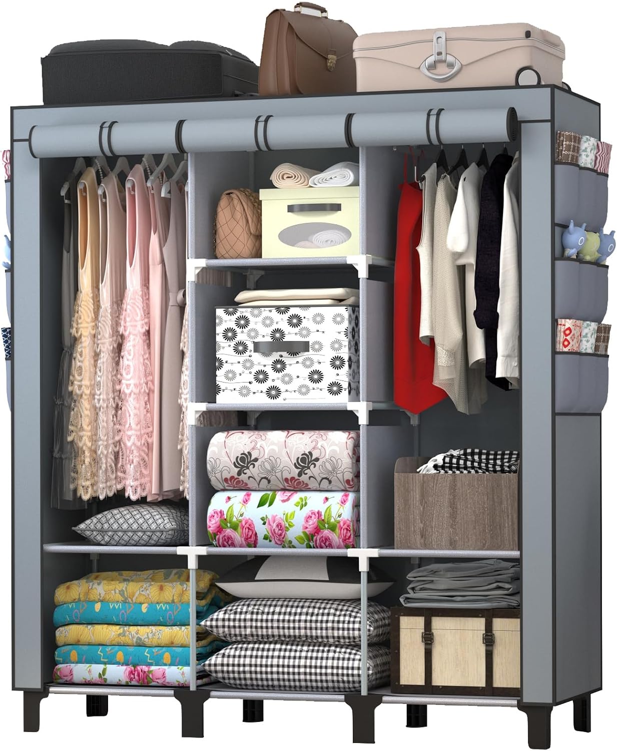 Portable Wardrobe with 10 Storage Racks and 2 Hanging Poles, 6 Side Pockets Non-Woven Cover, Size 130 x 45 x 172 cm, Bedroom Closet Organizer (Gray)