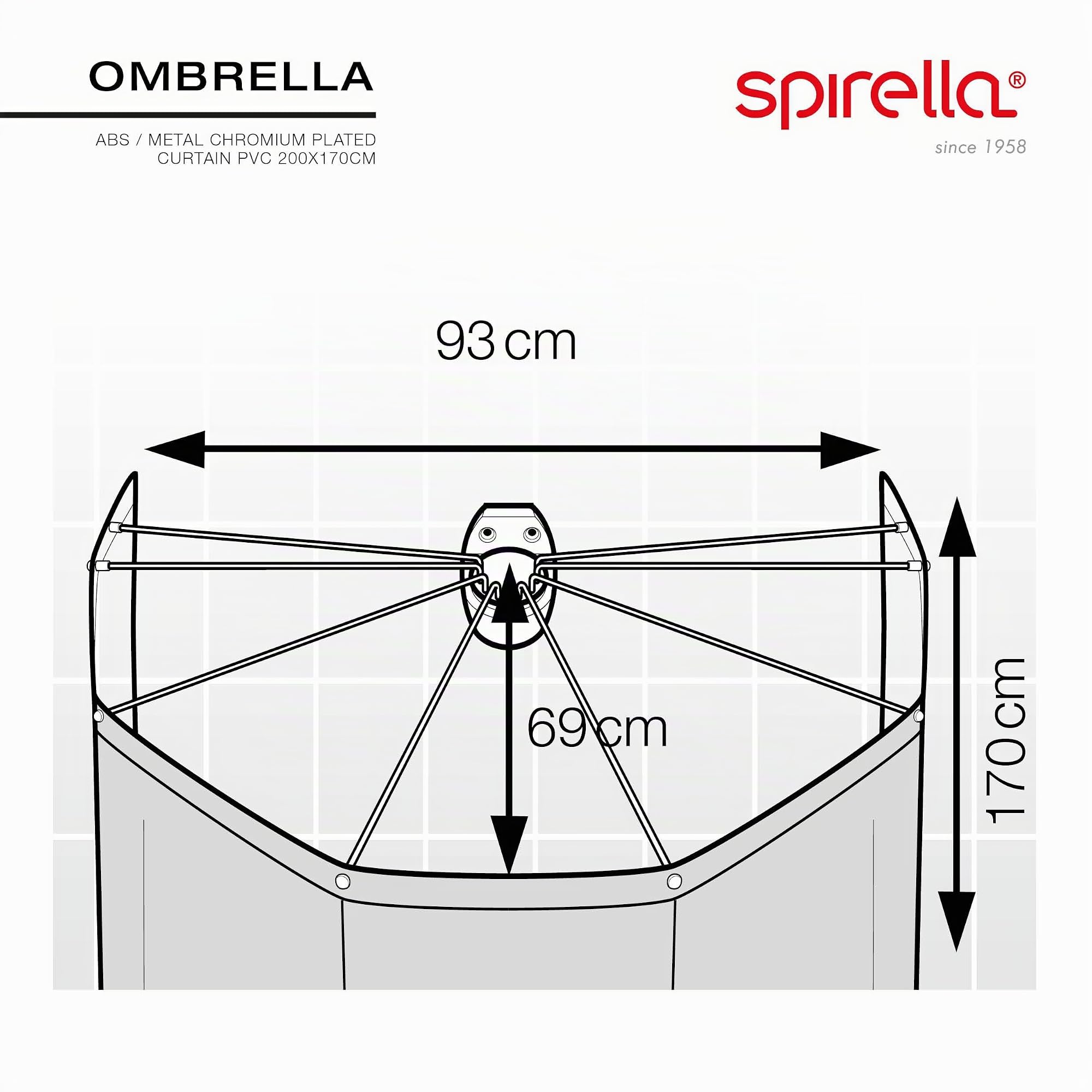 Spirella Set Douche Ombrella - Structure 8 Bras ABS Chrome + Rideau PEVA Imperméable Anti-Moisissure - pour Baignoire - Transparent - 200 x 170 cm