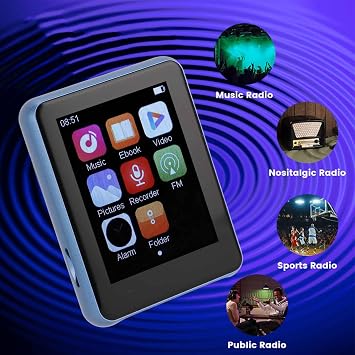 Blue Portable MP3 Player with Bluetooth V5.0 2.4 Full Touch Screen Up to 128GB Expandable Storage Built-in Speakers HiFi Digital Music Player for FM Radio E-Books Voice Control Background Playback