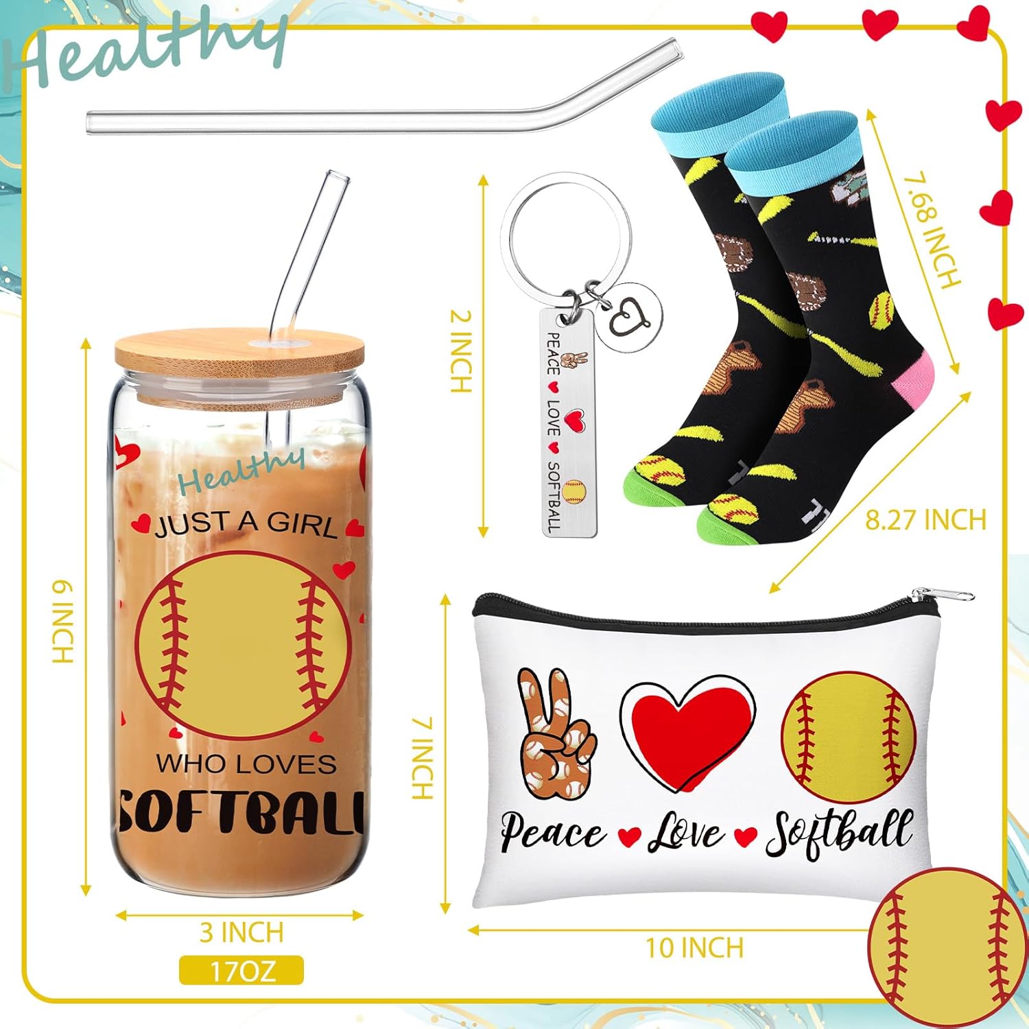 JenPen 4 Pcs Valentine's Day Softball Gifts for Women Girls Include 17oz Glass Cups with Lid Straw Softball Crew Socks Makeup Cosmetic Bag Keychain Accessories for Mom Coach Players Lover Teams - Image 2