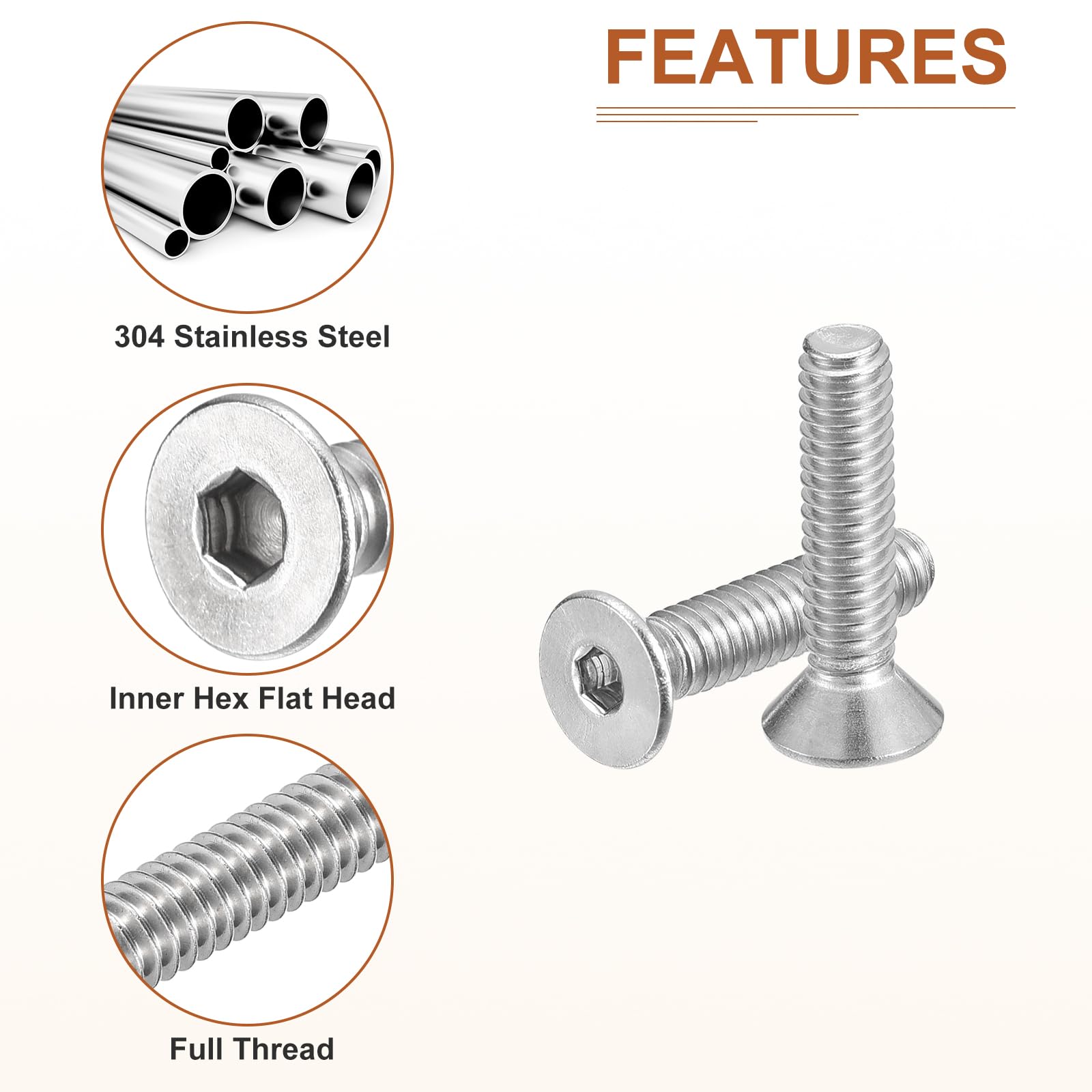 DTGN #8-32 x 3/4" Flat Head Socket Cap Screws, 50 Pack 304 Stainless Steel Hex Socket Flat Head Screws, Full Thread, Countersunk Bolts - Image 4