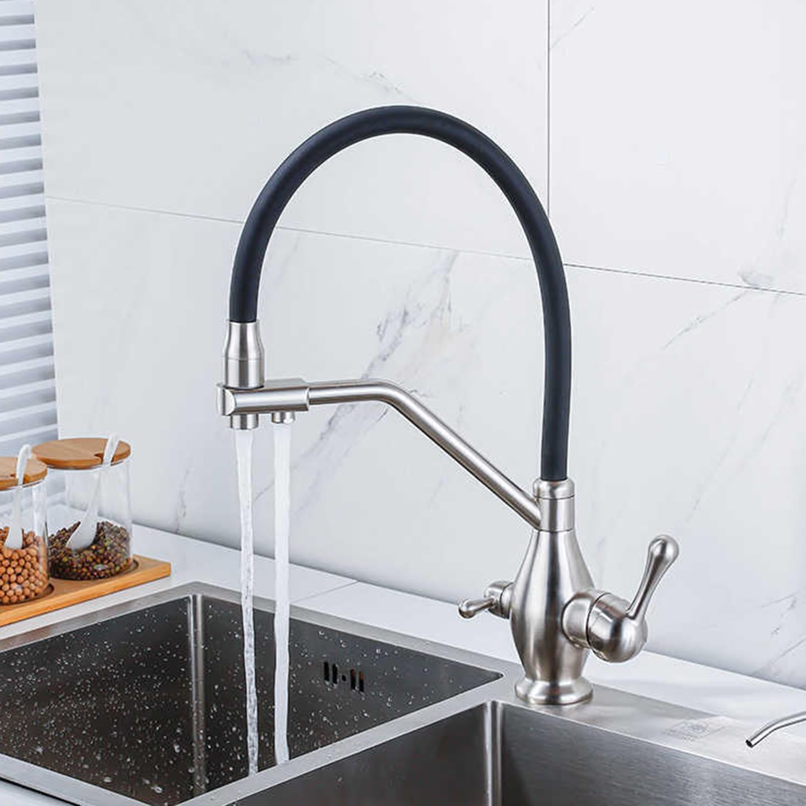 Mitigeur d'évier de cuisine 3 voies flexible avec douchette rétro et filtre à eau double sortie