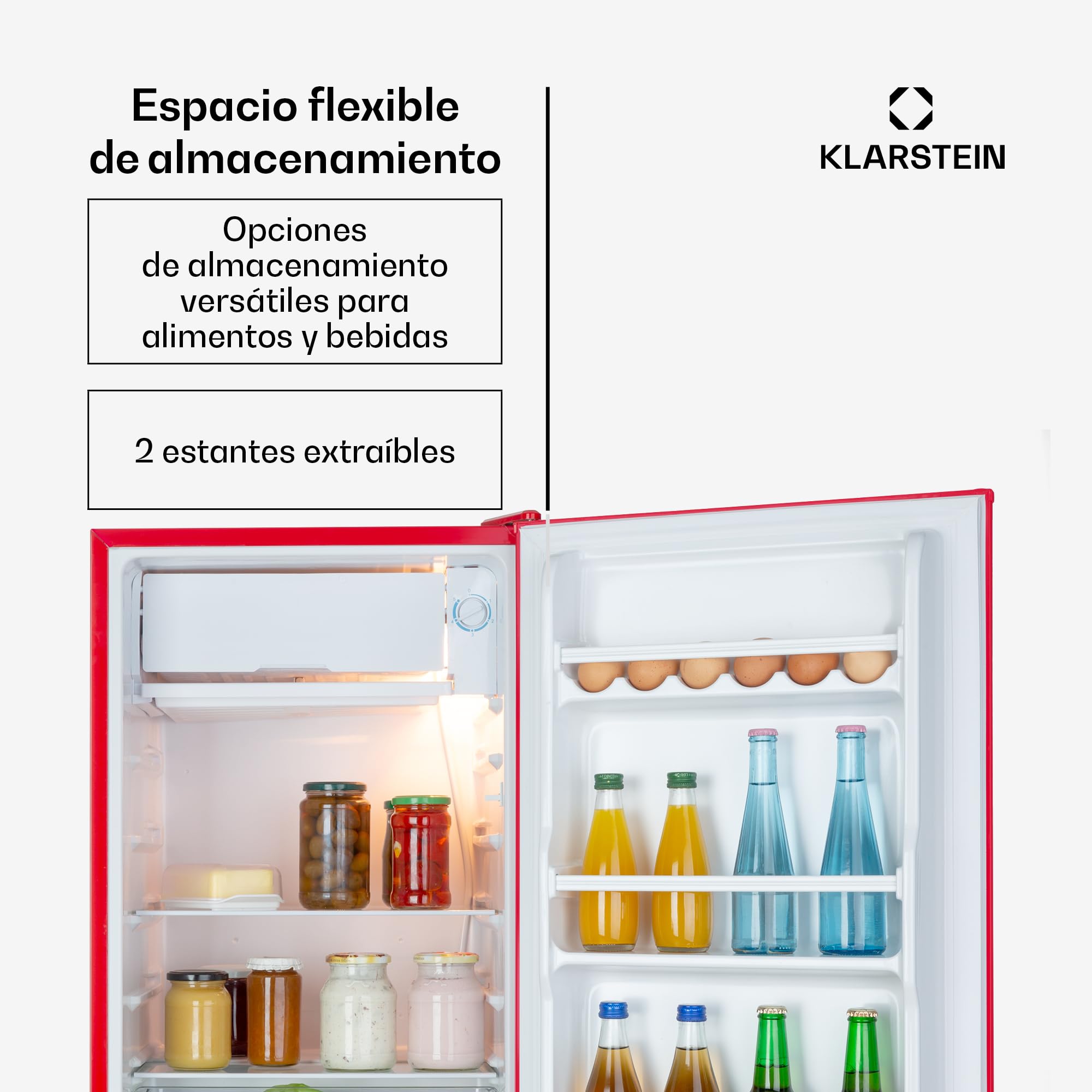KLARSTEIN Beercracker - Nevera 90L, Volumen: 90L, Clase de eficiencia energética E, Compartimento congelador, 3 Compartimentos en la puerta, Abrebotellas en el aparato, 2 Estantes de cristal, Rojo