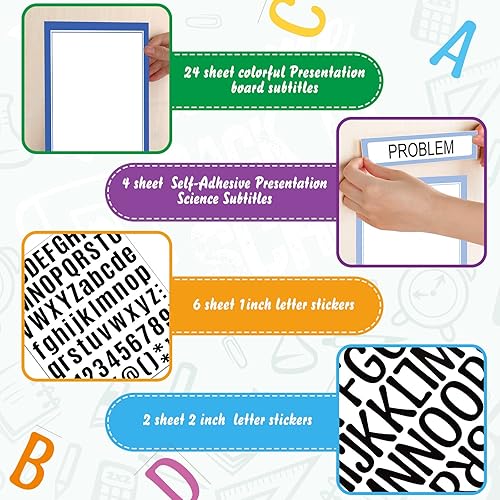 Miniatura 11 de PerKoop 36 hojas de tableros de póster de la feria de ciencias, 24 subtítulos de presentación autoadhesivos, 4 títulos de proyectos de feria
