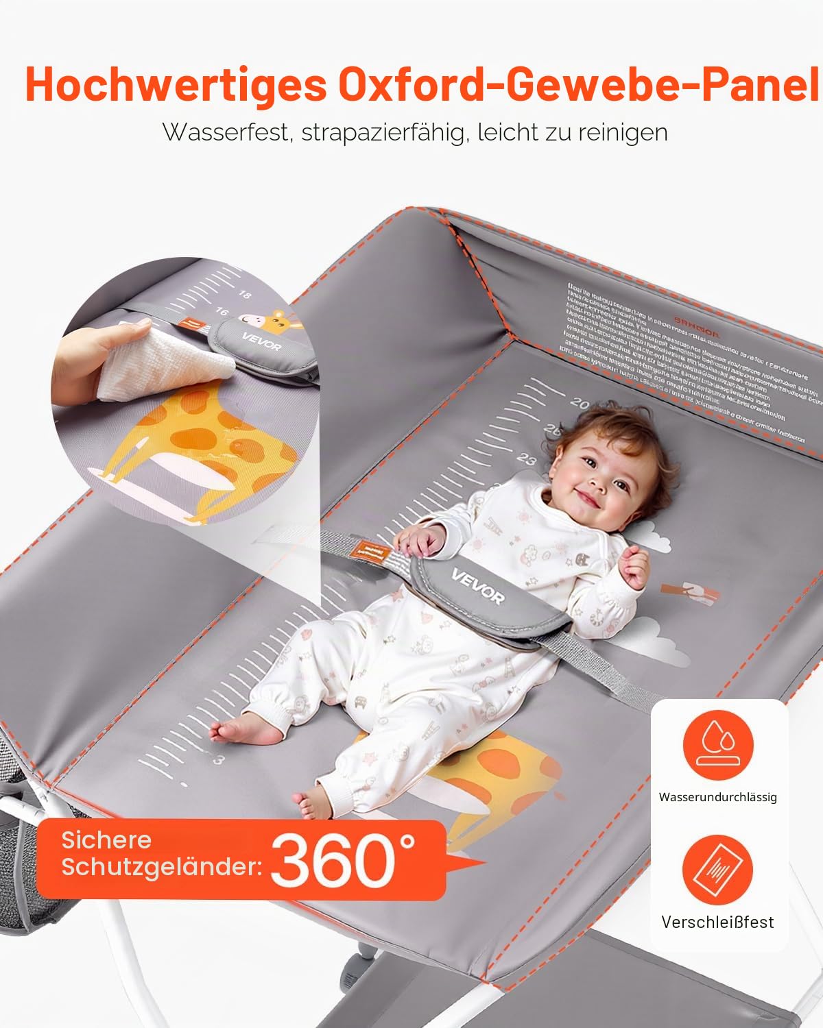 VEVOR Wickeltisch faltbare Wickelstation mit 2 Stoffschubladen & Seitenkorb & Kleiderstange, höhenverstellbarer tragbarer Wickelkombi mit feststellbaren Rädern, multifunktional Kinderzimmer hellgrau