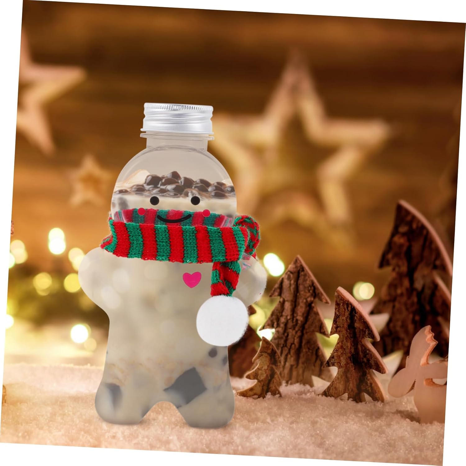 Cabilock 10 Sets Christmas Gingerbread Man Beverage Bottles Food Grade Water Containers with Red and Green Scarves Sealed Candy Jars for Party School Family Gathering Reusable Drink Holders