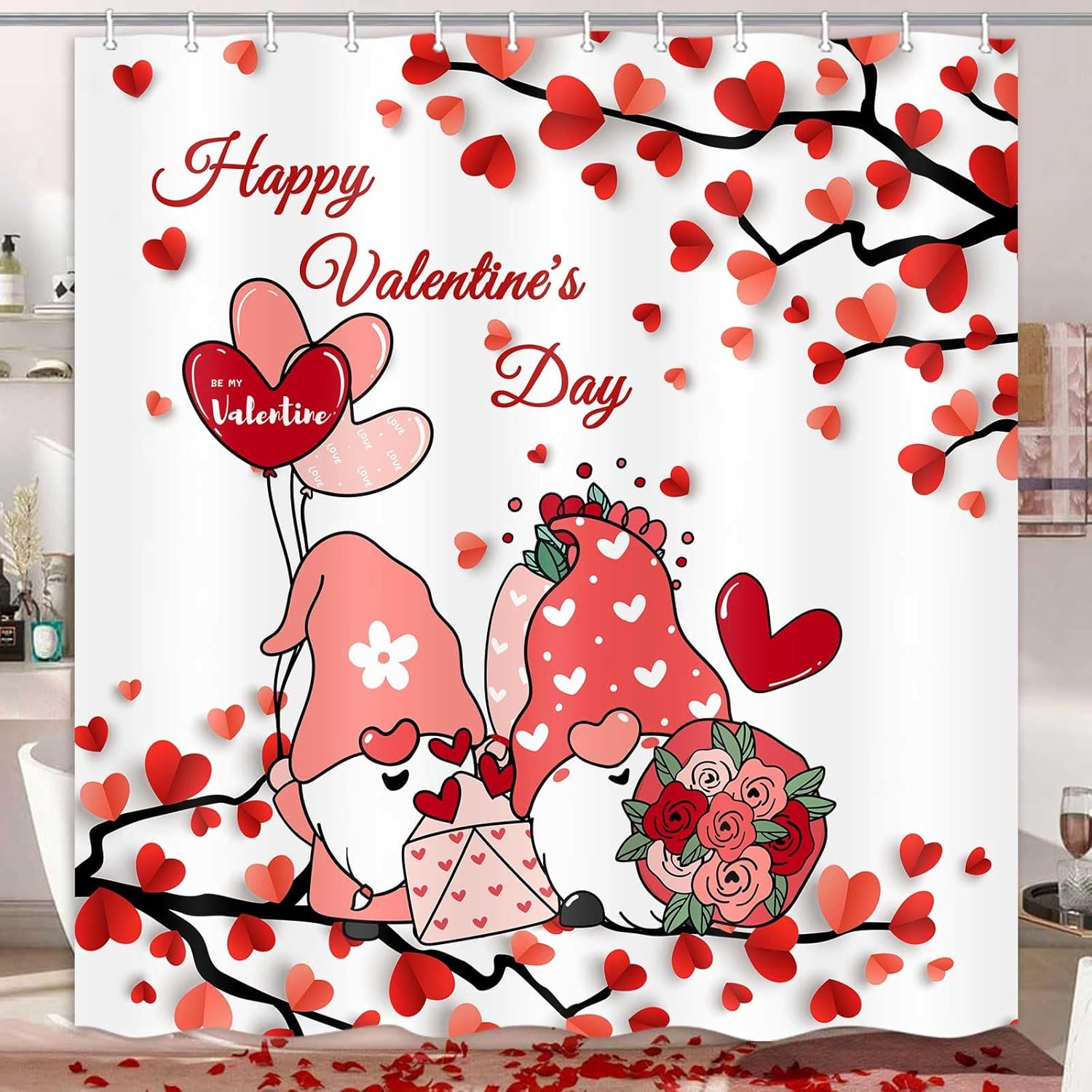 Valentines Shower Curtain, Cute Valentine Gnomes Shower Curtain Set with Hooks, Romantic Pink Red Hearts Farmhouse Fabric Bathroom Decor 72 x 72 Inches