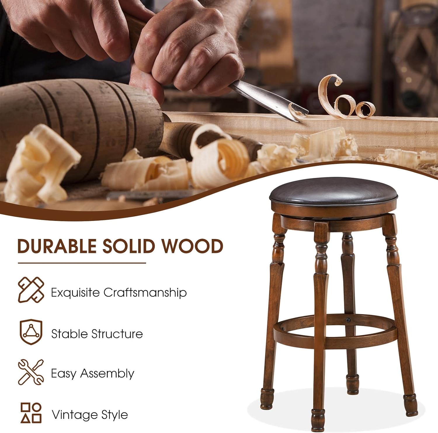 ERGOMASTER 29 Inch Swivel Bar Stools Set of 4, Rubber Wood, Brown