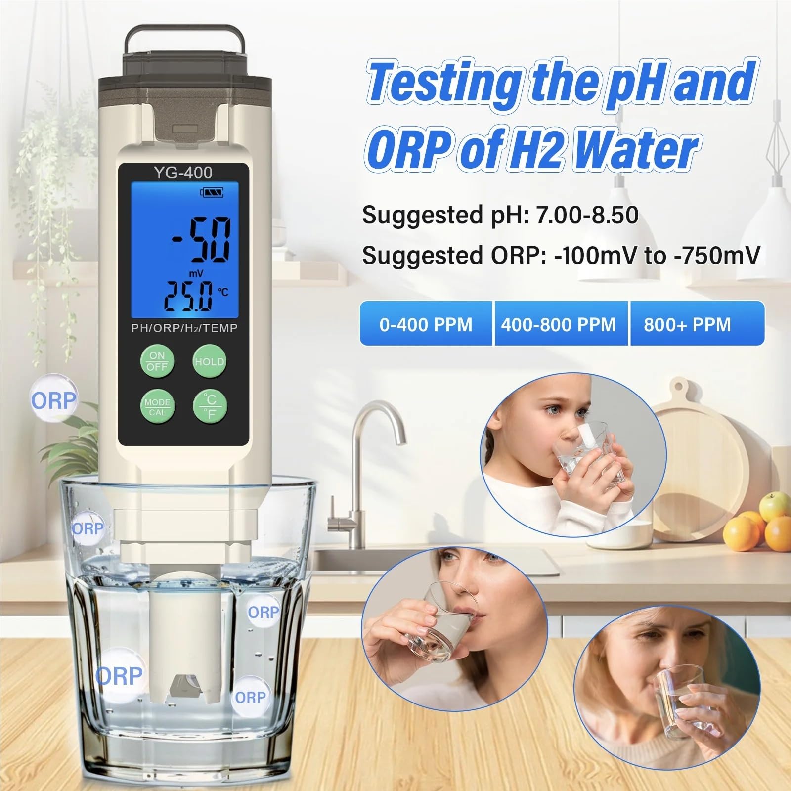 Misuratore Digitale 4 in 1 di PH, ORP, Temperatura, H2, ppm, ppb, idrogeno disciolto, Tester for Acqua Potabile, Acquario, Piscina