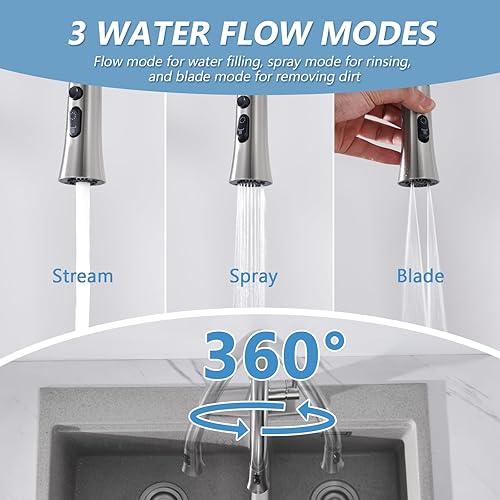 Miniatura 3 de Aktines - Grifo de cocina de acero inoxidable con rociador extraíble, grifo de fregadero de cuello de cisne de arco alto con cepillo de limpieza,