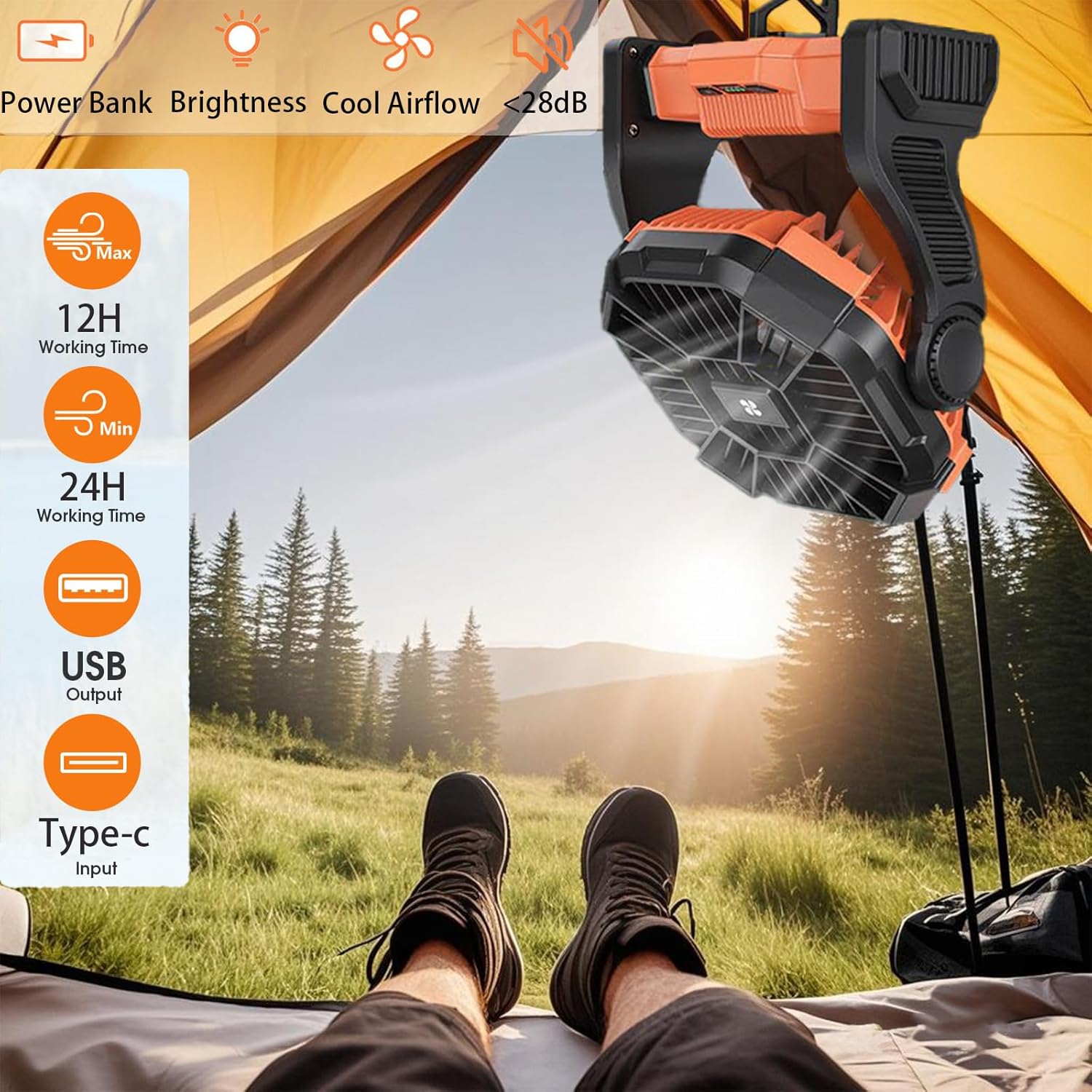 Portable Camping Fan Rechargeable ，Battery Operated Fans with Light 4 Speeds & Hook, USB Rechargeable Outdoor Camping for Tent, Orange