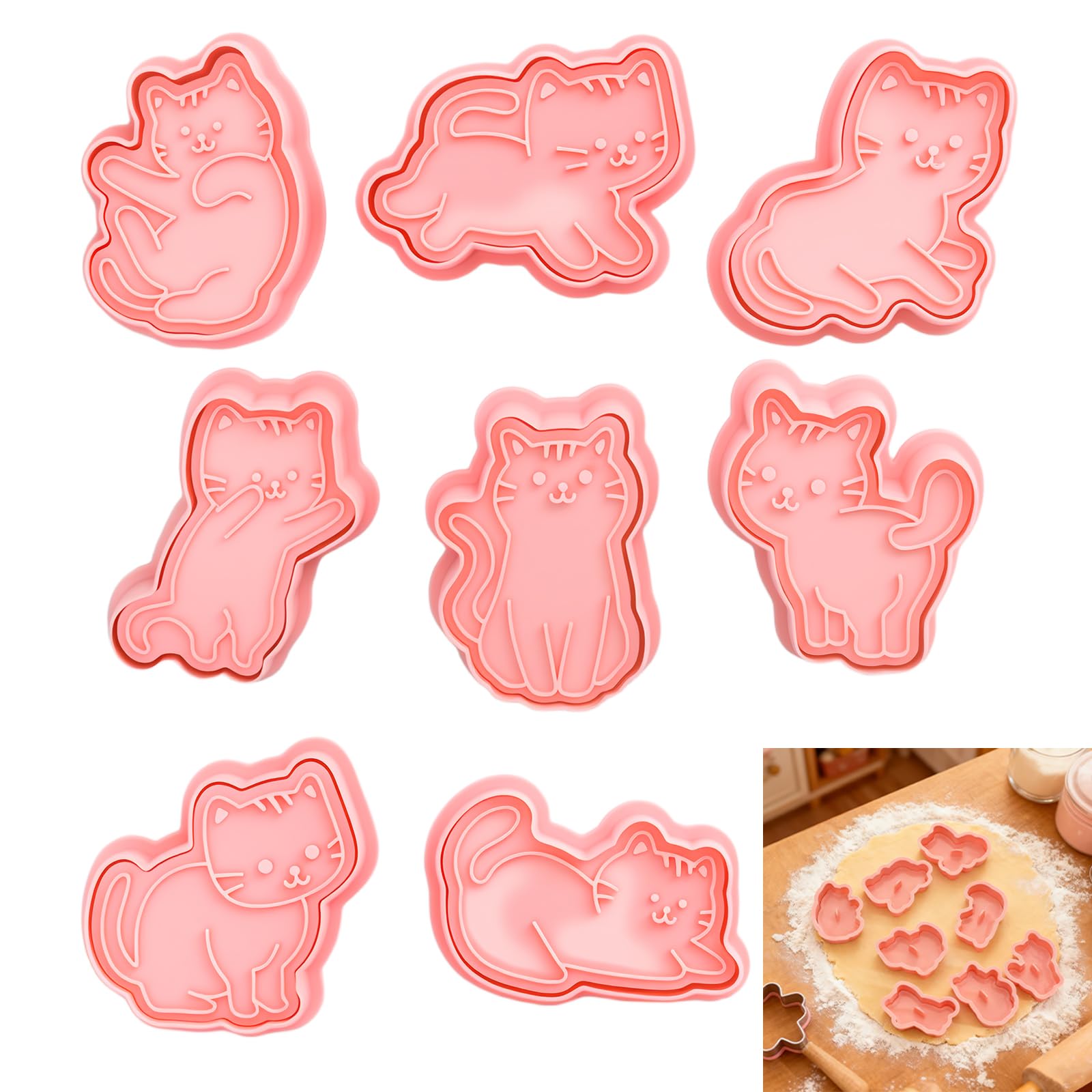 8Pcs Cat Cookie Cutter, Cute Biscuit Cutters, Baking Set, 3D Embossed Cookies for DIY Pastries, Cookie Dough, Fondant, Donuts and Cake Decoration