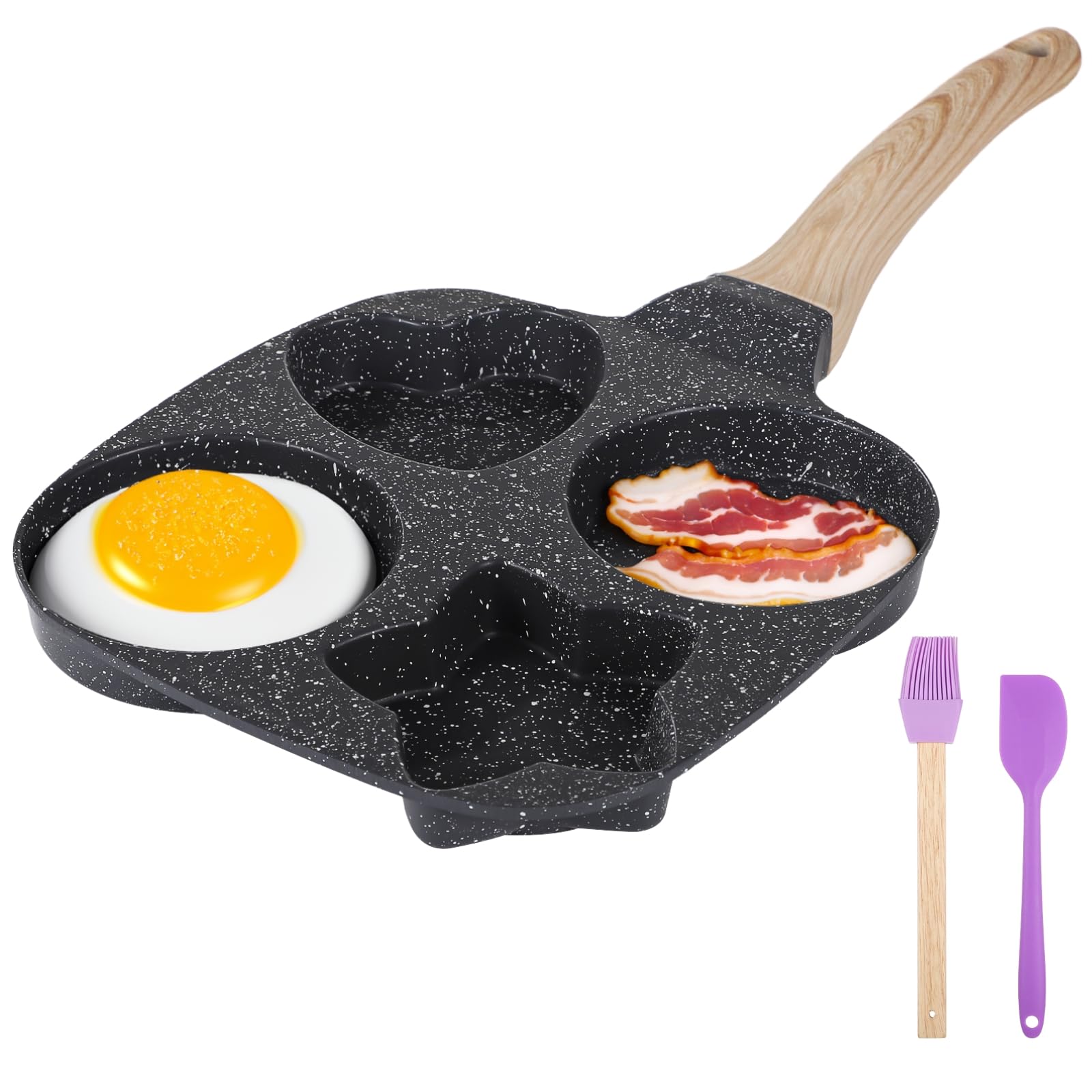 4-Fach Eierpfanne, antihaftbeschichtete Frühstückspfanne für Steak und Mini-Teigtaschen, Pfannkuchenpfanne mit Formen, Silikonpinsel und Spatel, Hitzeschutzgriff, für Induktion und Gasherde