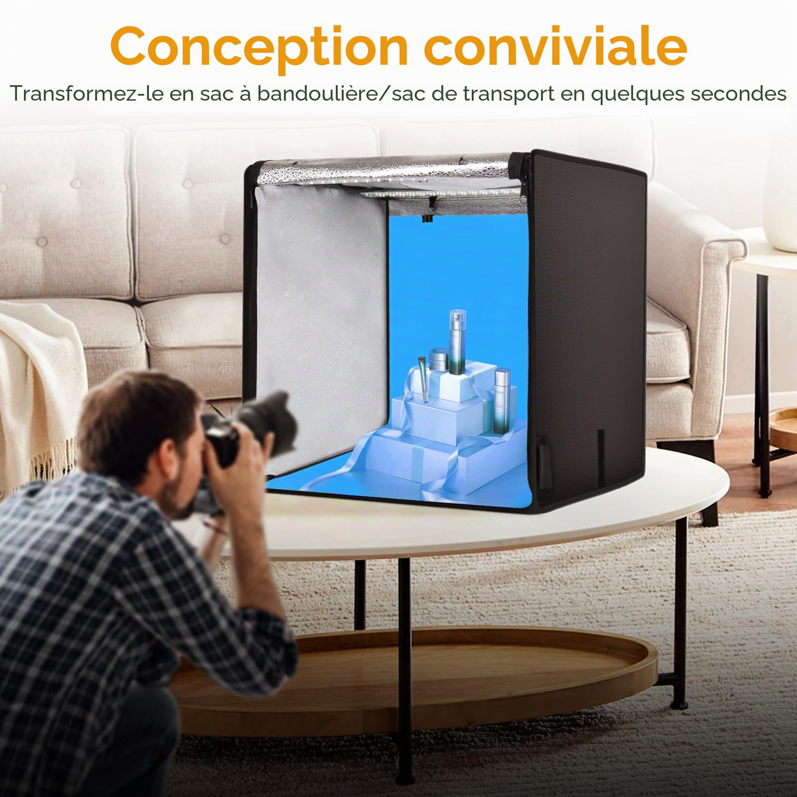 Boîte de studio photo, 61 x 61 x 61 cm, portable, pliable, avec 198 lumières LED à intensité variable et 4 arrière-plans pour la photographie de produits