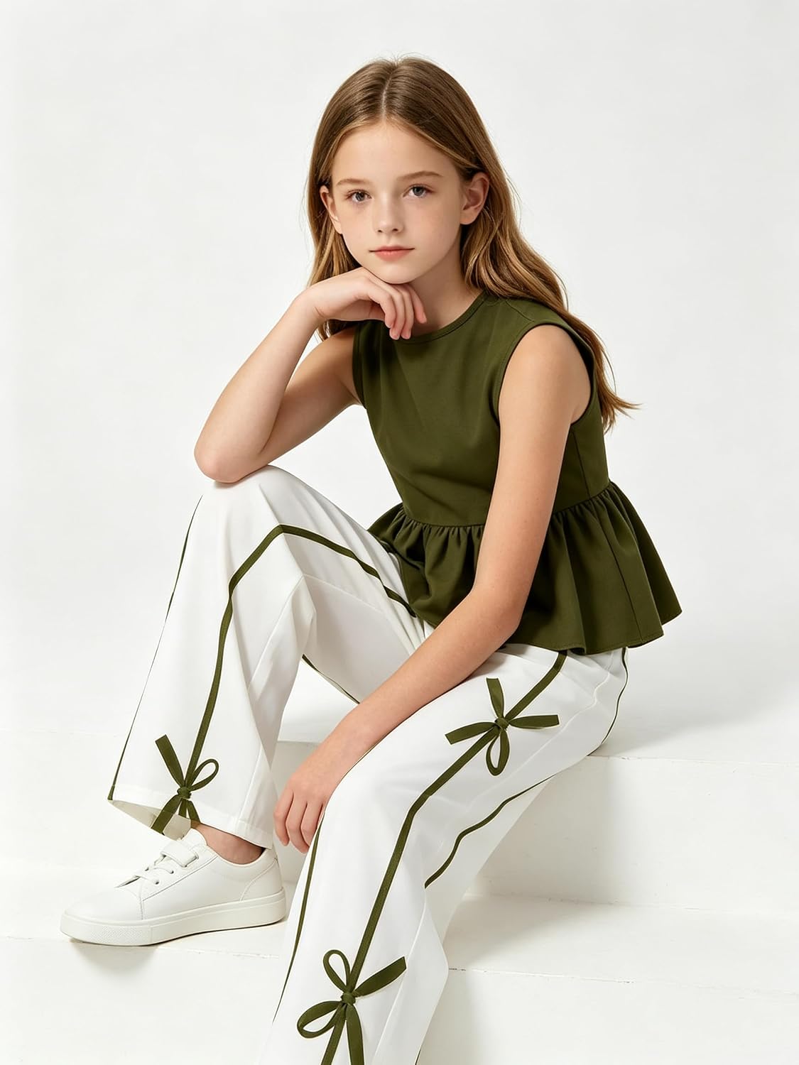 Ayzozuy Girls 2 Piece Outfit Sleeveless Peplum Top and Bow Print Wide Leg Pants Clothes for Tween Girls 7-14Y
