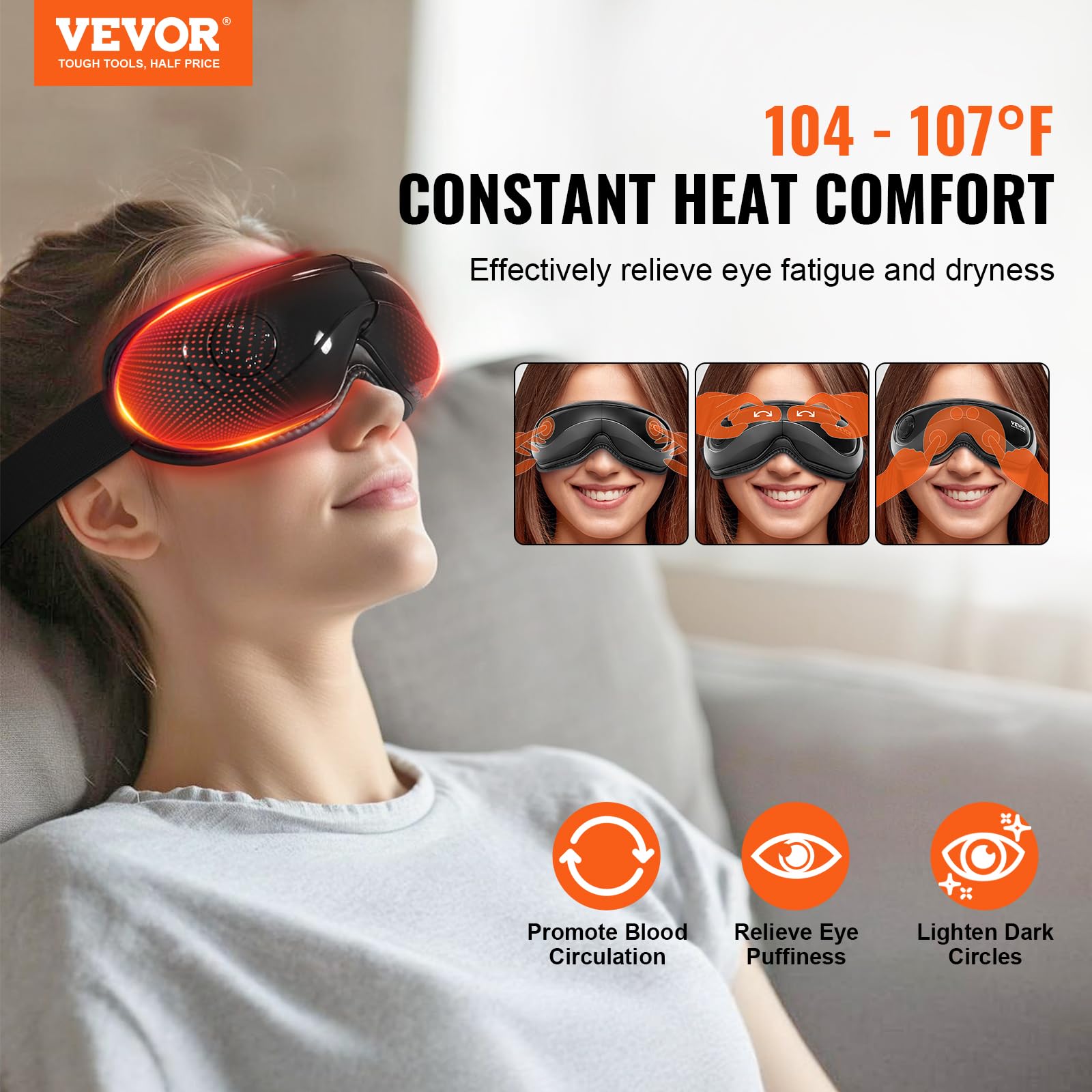 VEVOR Massaggiatore per occhi con calore, maschera riscaldata per massaggio oculare con 5 modalità e musica Bluetooth, massaggiatore pieghevole a 180° per emicrania, affaticamento degli occhi