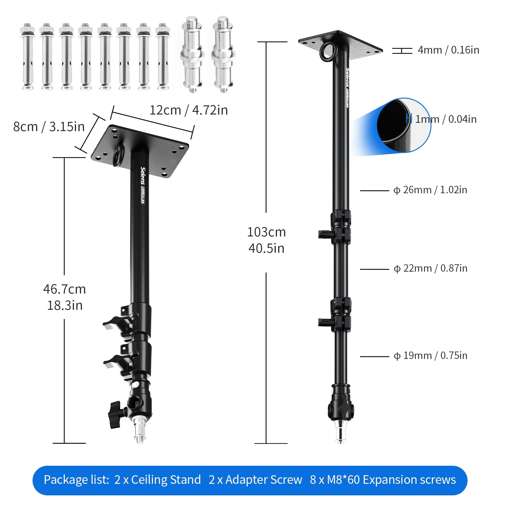Selens Wandmontage Ausleger Boom Arm 103CM, Fotografie Wand Deckenmontage Arm 2 Stück Einstellbare Länge mit 3/8" 1/4" Gewinde Universal Adapter für Fotostudio Videoleuchten Regenschirme Reflektoren