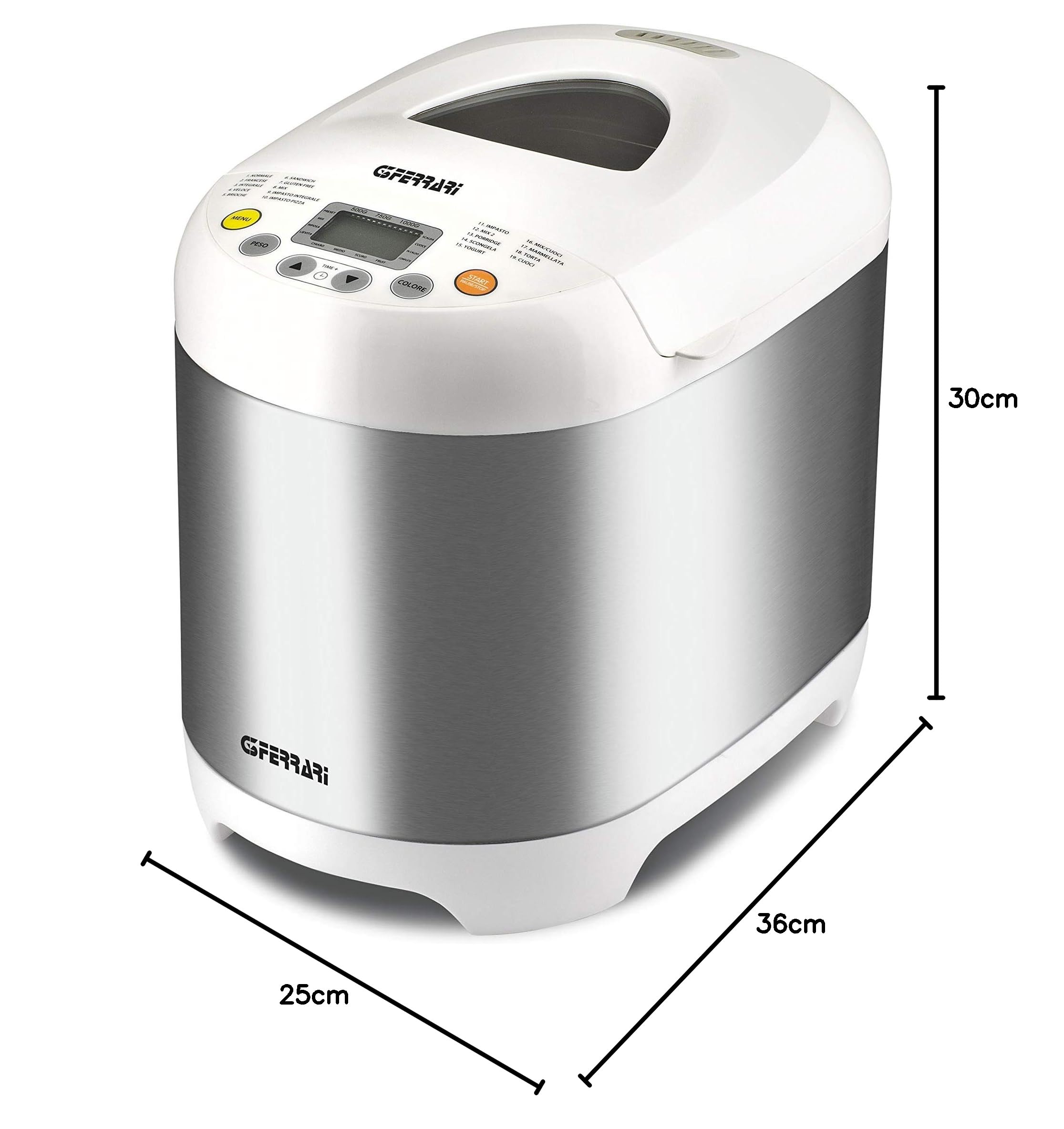 G3 Ferrari G10078 Macchina del pane, 550W, 3 Livelli di doratura, Corpo INOX, 19 Programmi, Gluten Free, Yogurt, Marmellata, Finestra di controllo, Ricettario incluso