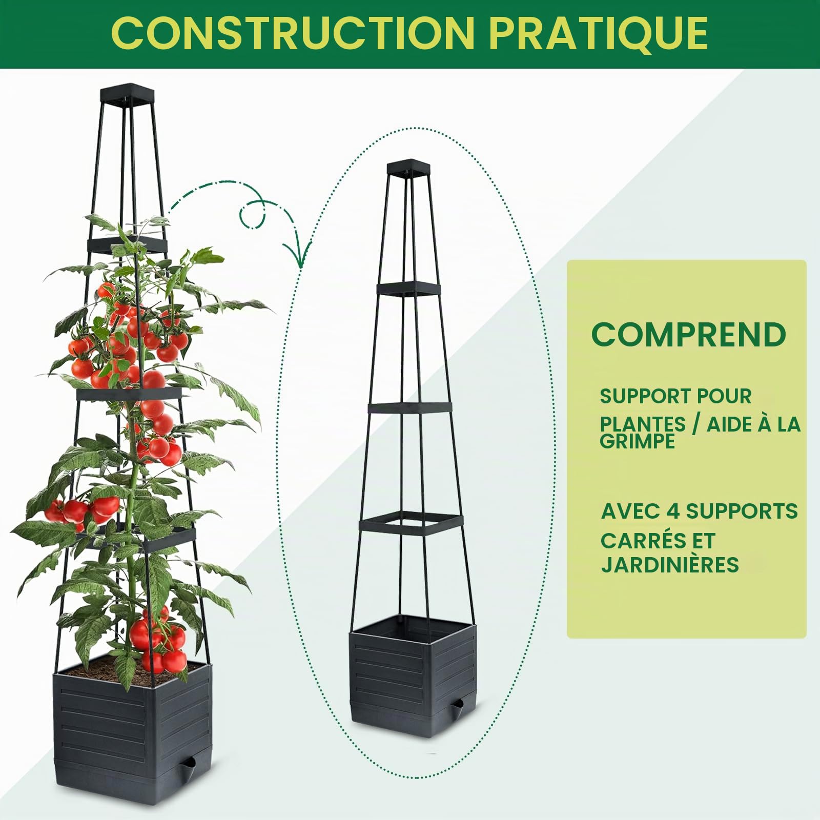 MYMULIKE Lot de 2 jardinières surélevées avec treillis, jardinière de 147 cm pour tomates avec cage et arrosage automatique, pour légumes grimpants, usage intérieur et extérieur
