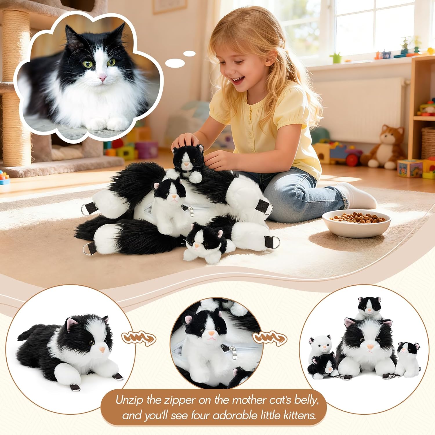 Tezituor 20 inch Cat Stuffed Animals Bag with Babies, Large Realistic Stuffed Cat with 4 Cute Kitten Babies, Soft Ragdoll Plush Shaped Backpack, Mom and Baby Kitten Plushies Pillow for Kids
