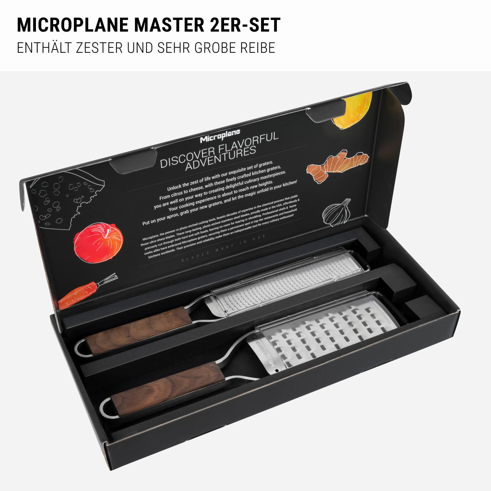 Microplane Reiben-Set (Zester & Extra-Grob) für Zitrusfrüchte, Hartkäse, Muskatnuss, Kartoffeln, Karotten & Zucchinis aus der Master-Serie mit Walnussholzgriff und Edelstahlklingen - Made in USA