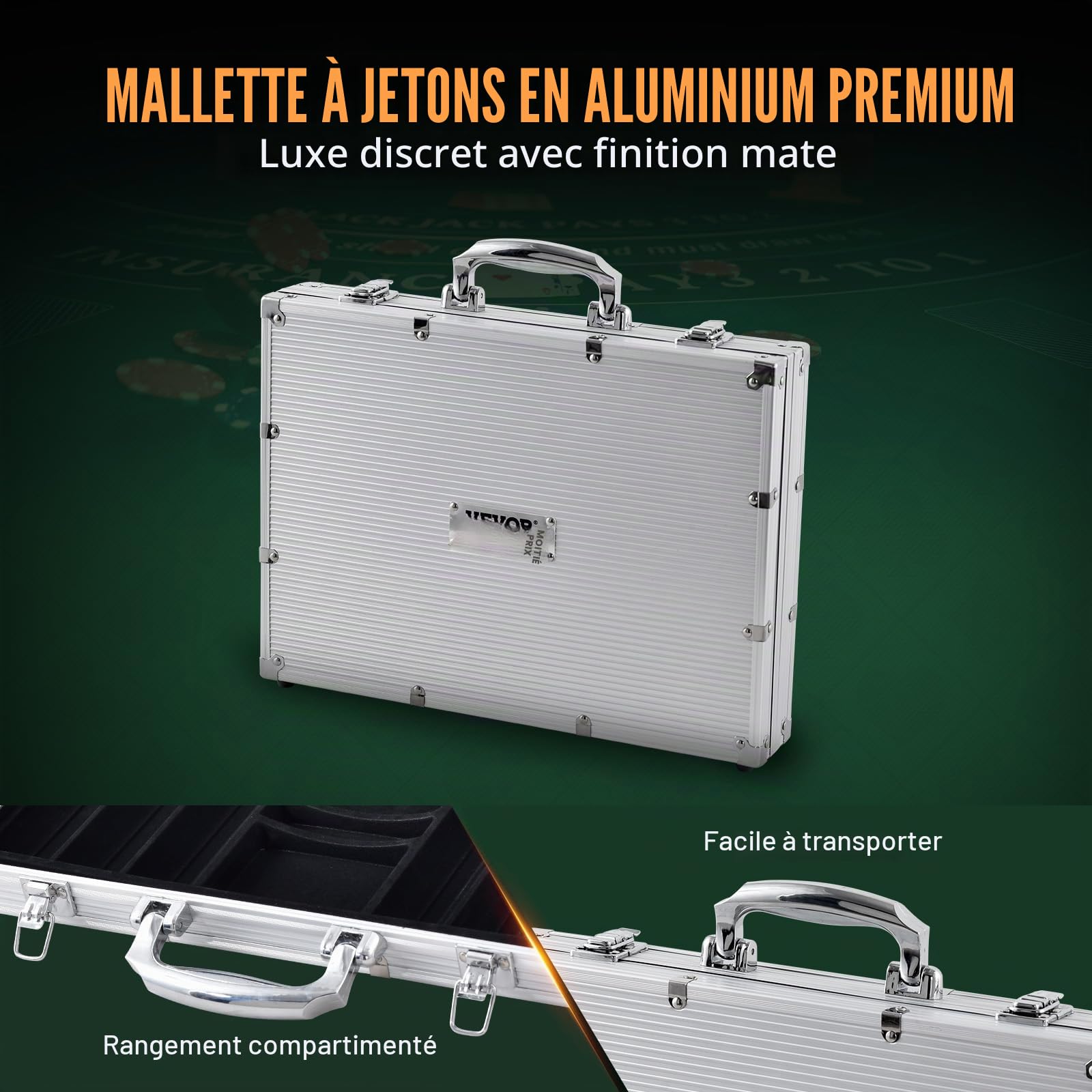 VEVOR Mallette de Poker 500 Jetons de Poker en Plastiques et Alu 11,5 g 40 x 3,3 mm avec 2 Jeux de Cartes 1 Bouton de Croupier et 2 Boutons Blind pour Blackjack Texas Jeux de Hasard Casino à Domicile