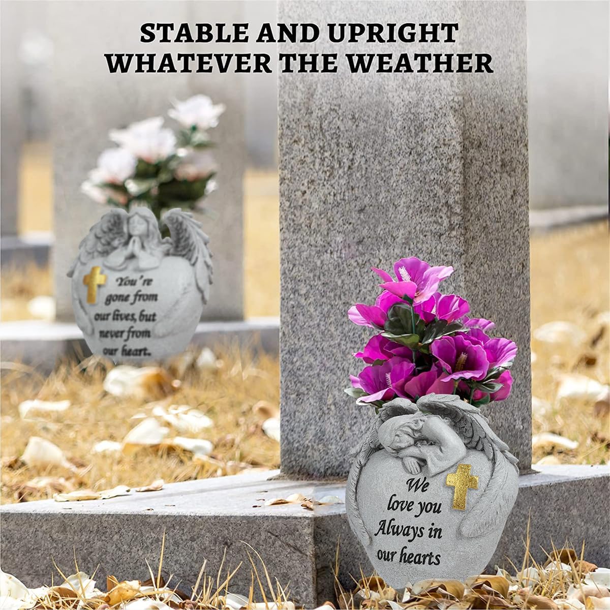 Cemetery Flowers for Grave Angel and Cross Cemetery Cemetery Memorial Vase, Cemetery Flower Grave,2-Piece Angel Cemetery vase with Iron Spikes,Garden Decoration Memorial Gift for Lost Love (1white)