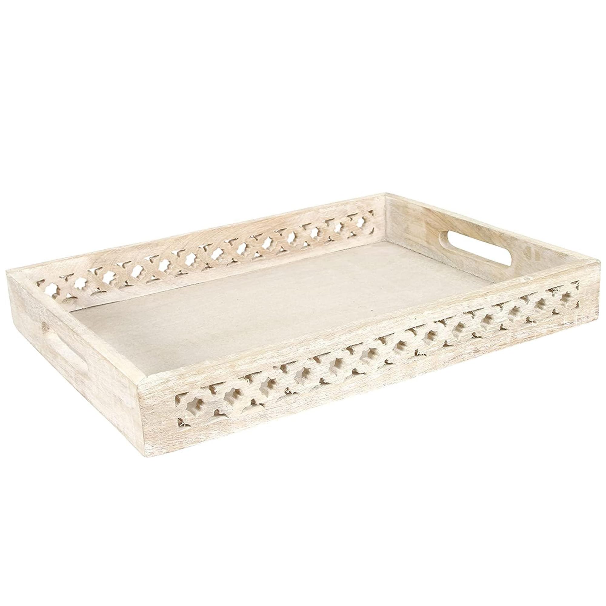 Mela Artisans Farmhouse & TV Ottoman Wooden Serving Tray - Small, Trellis Whitewash | Decorative Mango Wood | Use to Serve Breakfast, Other Foods, Coffee, Tea | Rustic Home Decor | 14" x 10� x 2.5�