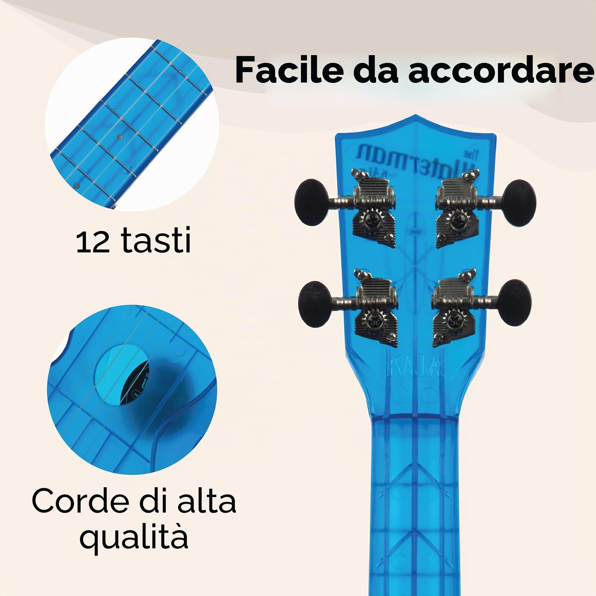 Kala - KA-WMT-BL-S - Ukulele Soprano Bambini Adulti e Principianti, Ukulele Scuola Media in ABS per Musicisti Esperti/Nuovi, Custodia Inclusa, Strumenti Musicali Bambini a Corda, Satinato colorato