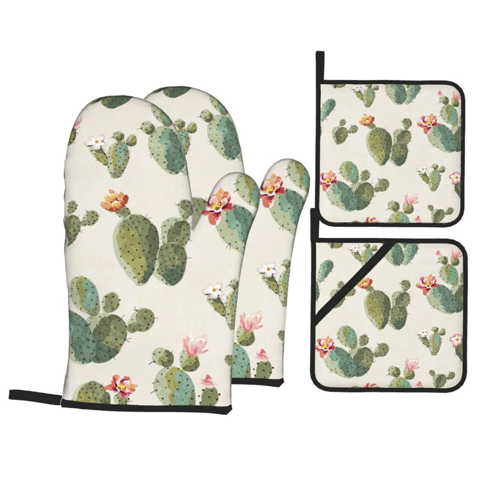 Cute Cactus Print 4-Piece Oven Microwaving Set Waterproof Kitchen Gloves for Baking Grilling Cooking