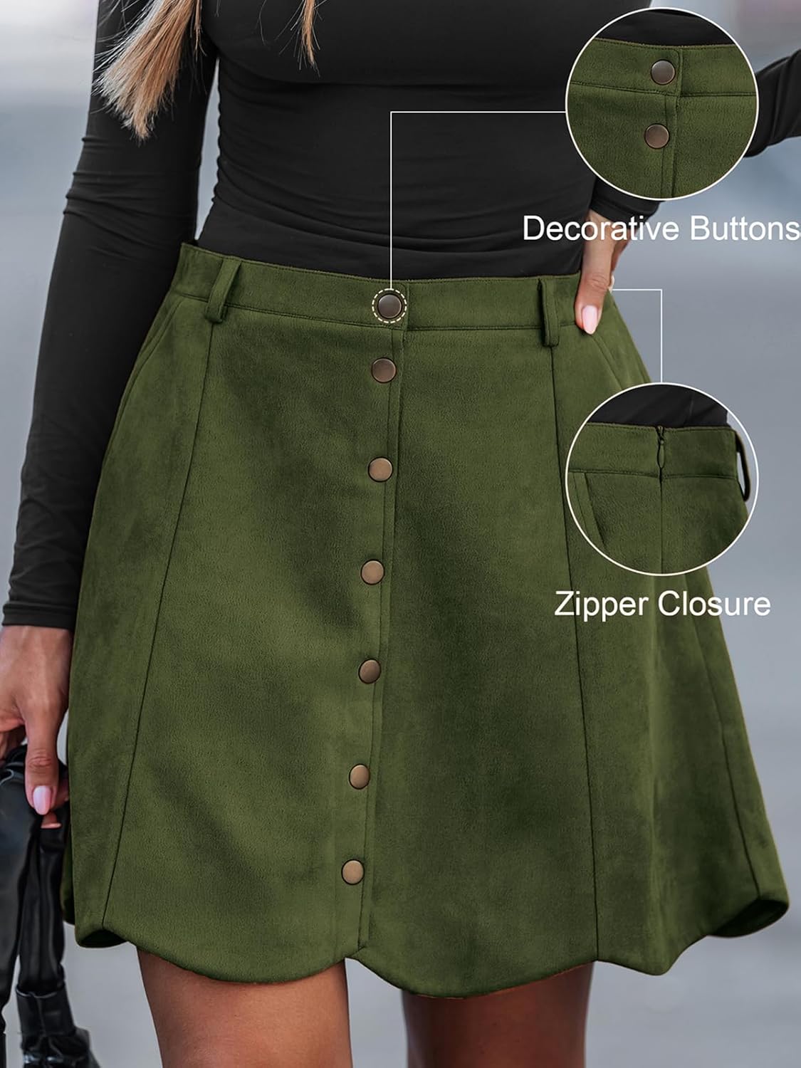 CUPSHE Women Skirt Buttons Pocket Mini Skirts High Waist Petal Hem A-line Casual Fall Winter Vacation - Image 4