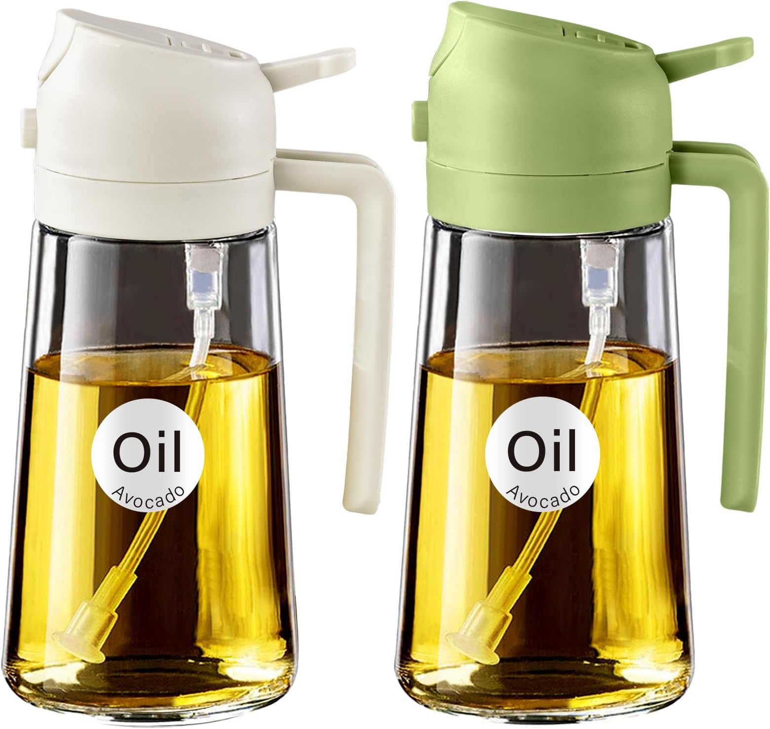 YARRAMATE 2Pcs Olive Oil Dispenser, 2 in 1 Oil Sprayer for Cooking, 16oz/470ml Glass Oil Spray Bottle, Food-grade Oil Dispenser and Oil Sprayer for Kitchen, Salad, Frying, BBQ (White & Green)