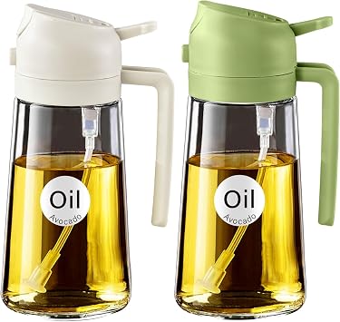 YARRAMATE 2 Pieces Olive Oil Dispenser, 2 in 1 Oil Spray for Cooking, 470ml Glass Green Spray Bottle, Food Grade Dispenser and Spray for Kitchen, Frying, BBQ