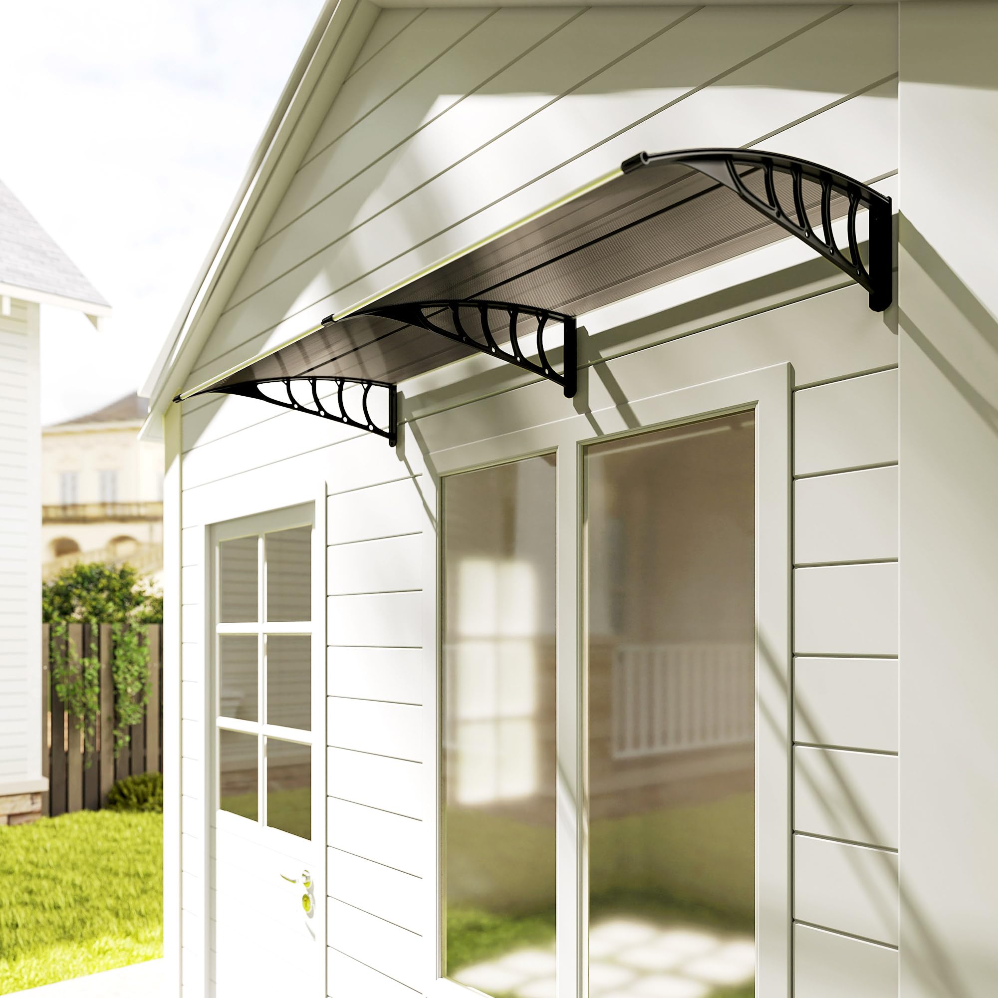 Outsunny Auvent de Porte d'entrée, Toit Marquise de Porte Exterieur en Polycarbonate et Profil Aluminium, Protection Contre la Pluie et UV pour terrasse, Balcon, 200x96 cm, Marron