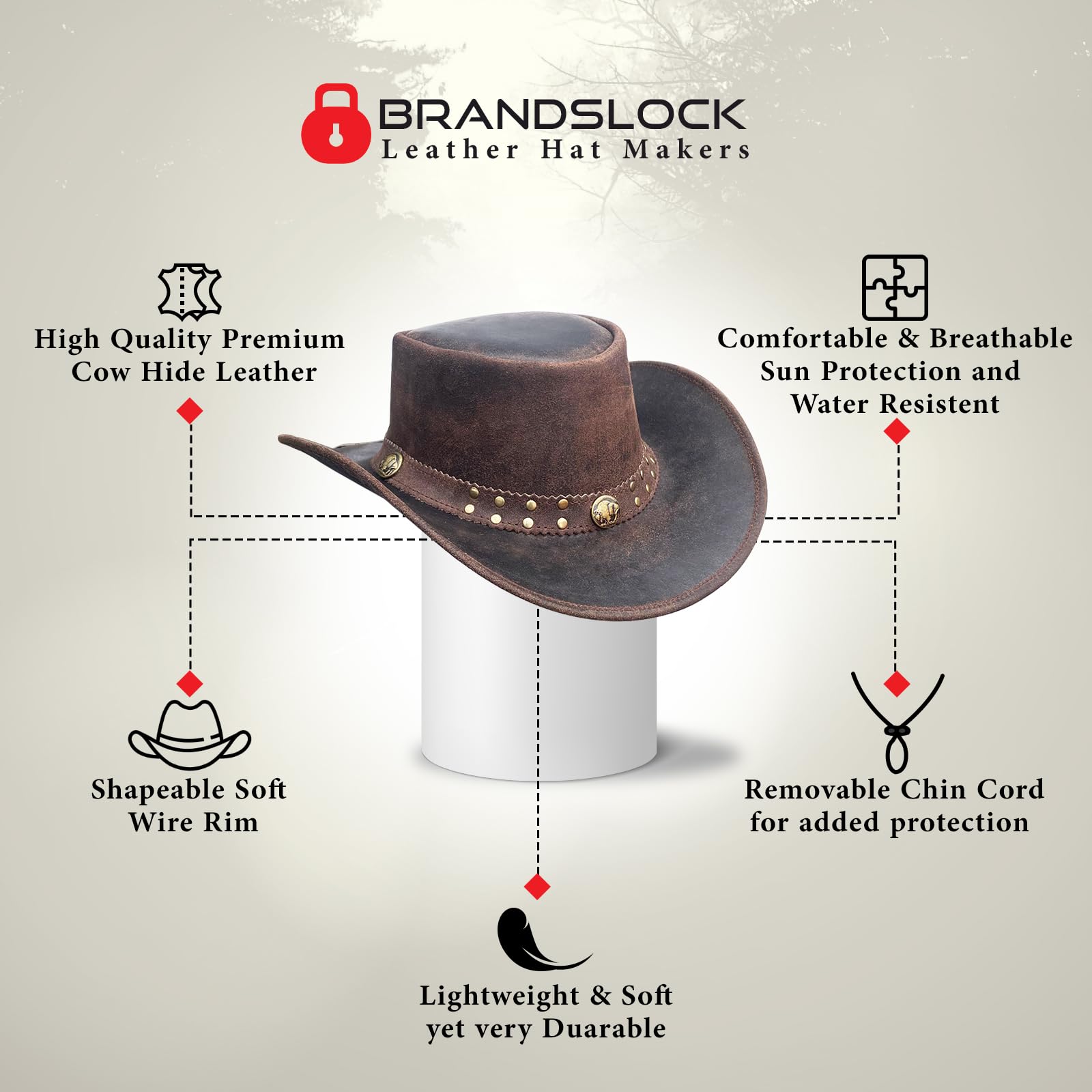 Brandslock Cappello da uomo vintage nero e marrone a tesa larga cowboy australiano stile western bush